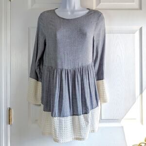 Lake Flower Striped Babydoll Tunic Dress Size S Crochet Eyelet Lace Trim Boho
